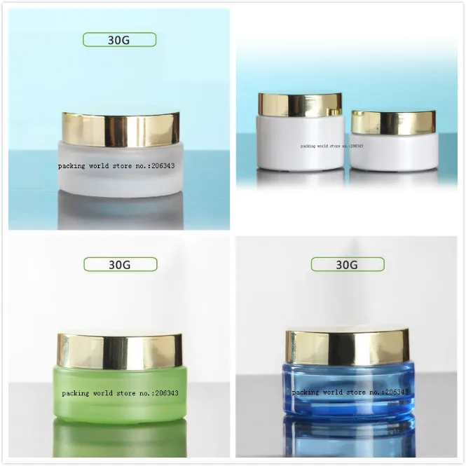 

30G blue/white/frosted /green glass jar/bottle shiny gold lid for essence/eye cream/day cream/moisturizer/gel cosmetic packing