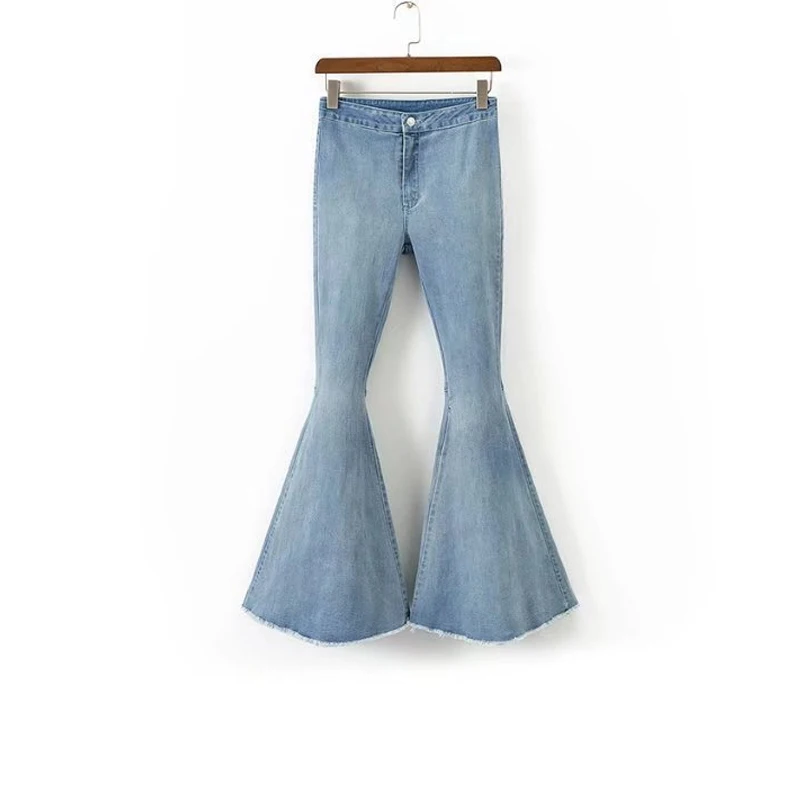 Винтажные расклешенные джинсы с расклешенным низом для женщин, джинсы для мам с высокой талией, женские тянущиеся длинные широкие джинсы, женские повседневные пышные джинсовые брюки - Цвет: light blue