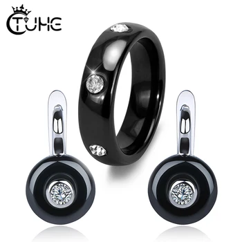 

2019 Fashion 6mm Crystal Ceramic Women Jewelry Sets Clear CZ Finger Rings Earrings for Women Wedding Engagement Jewelry Gift