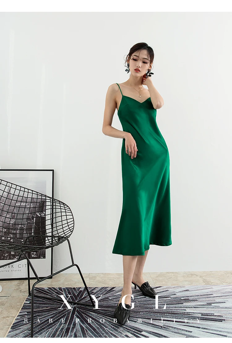 Cakucool Summer Satin Slip Dress Spaghetti Strap Vintage Slim Vestido Brief Elegant Beach Mid Long Silk Dresses Sundress 5color