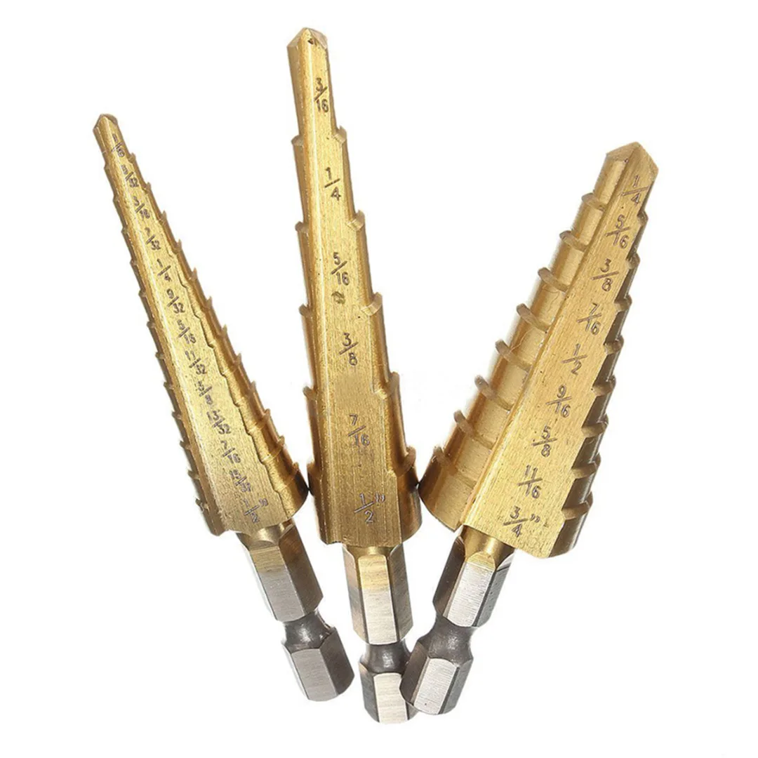 

3pcs HSS 4241 Step Cone Drill Bit 1/4" Hex Shank Titanium Coated Steel Wood Hole Cutter Set 6/9/13 Steps