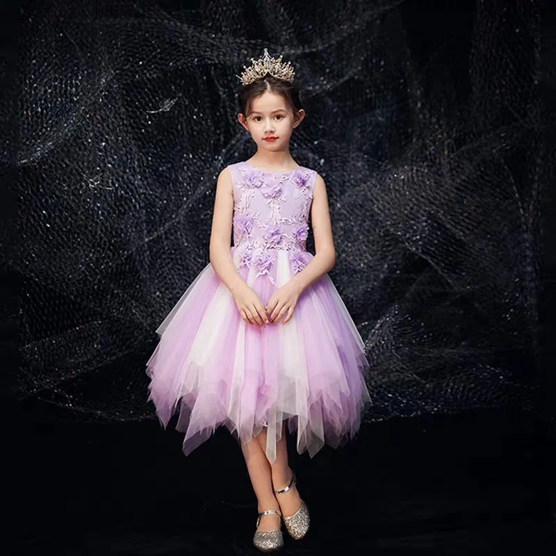 purple short dress Новые роскошные модели Подиум для показа хост фортепиано Костюм Длинный хвост платье детей девочек день рождения Свадебная вечеринка платье на выпускной "принцесса" - Цвет: purple short dress