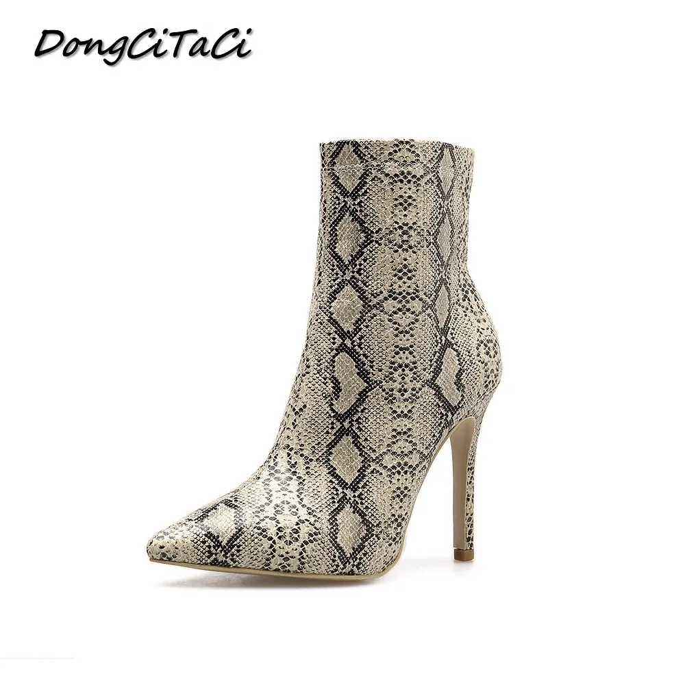 

DongCiTaCi Autumn Winter Women Snakeskin Print LeatherAnkle Boots Shoes Women Female Party wedding Catwalk High Heels Bootie