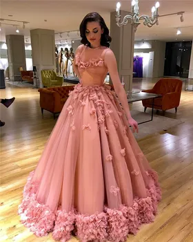 

Blush Pink Elegant Ball Gown Evening Dress 2019 Floral Jewel Neck Floor Length Princess Vintage Arabic Lady Prom Party Dresses