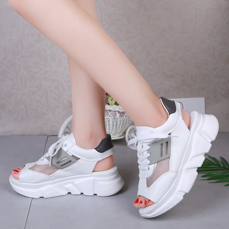 

2019 Summer Women's Sandals Muffin Thick Bottom Fish Mouth Sports Beach Sandals Soft Breathable Mesh Leather Casual Shoes Female