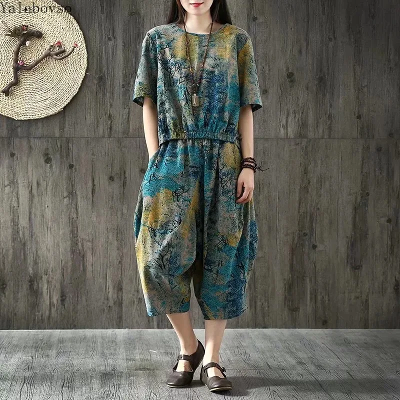

Summer retro national style printing round collar short sleeve T-shirt +harem pants for women Vintage women suits 2019 A0B2Z40