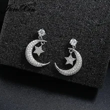 JUNXIN милые серьги-гвоздики звезда и Луна для женщин 925 Серебряные иглы Изящные маленькие хрустальные белые свадебные серьги Модные ювелирные изделия