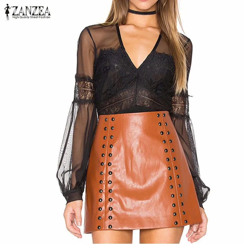 2019 ZANZEA ثوب فضفاض إمرأة بذلة الصيف فانوس كم فستان من الدانتيل ارتداءها مثير خمر شبكة Playsuit سستة وزرة