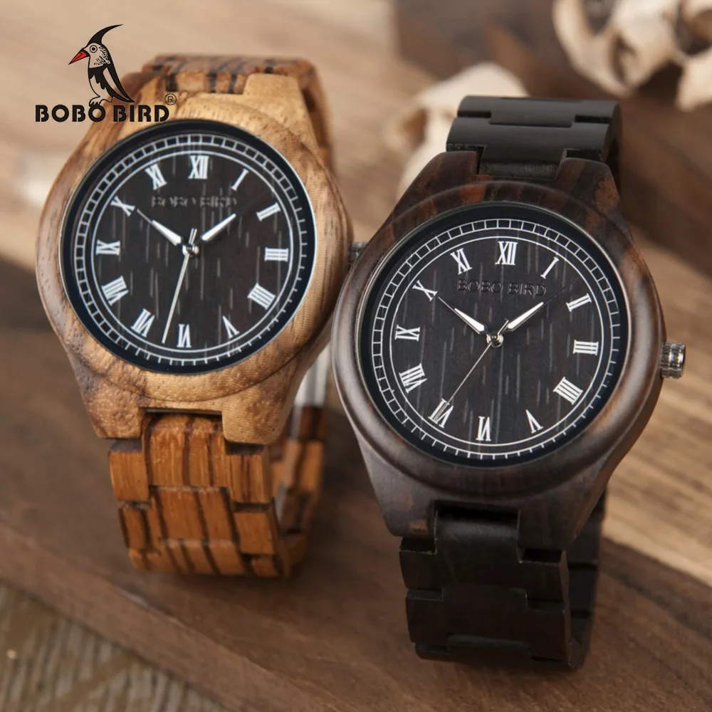 BOBO BIRD WO18O19 Wood Watch Ebony Zebra Wooden Watches for Men White Roman Number Quartz Watch with Tool for Adjusting Size