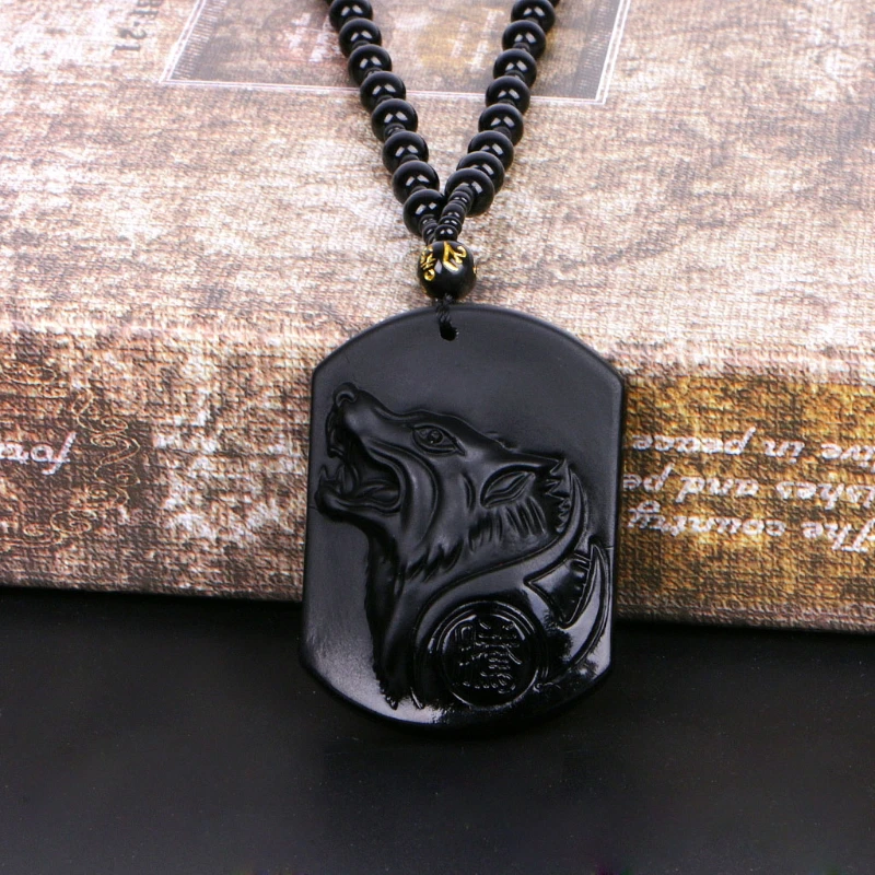 JAVRICK Black Obsidian Wolf Necklace Carving Wolf Head Amulet Pendant With Chain Obsidian Blessing Lucky Pendants Jewelry NEW