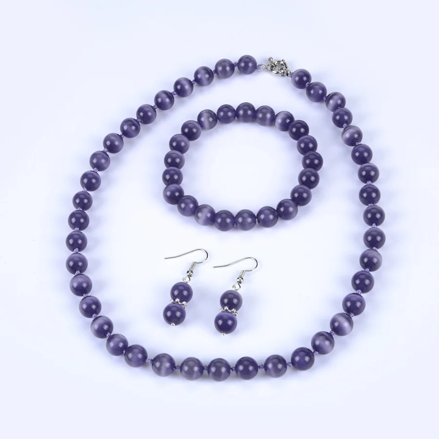 12 цветов, круглые бусины "кошачий глаз" из опала, 10 мм, Высококачественная цепочка, ожерелье, браслет, серьги для женщин, красивые ювелирные изделия, 18 дюймов - Окраска металла: violet
