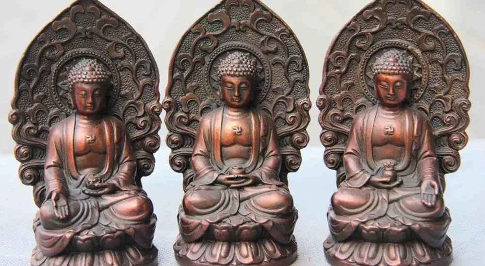 

Tibet Buddhism Temple Red Copper ThreeTathagata Sakyamuni Buddha statue Set