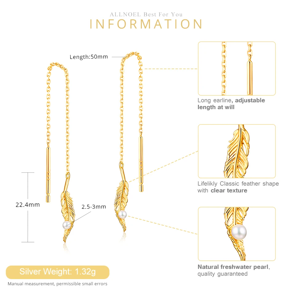 ALLNOEL Gold Pearl Drop Earrings 925 Sterling Silver Gemstone Earrings Silver Jewellery Wholesale Long Line Ear Women's Earring  (5)