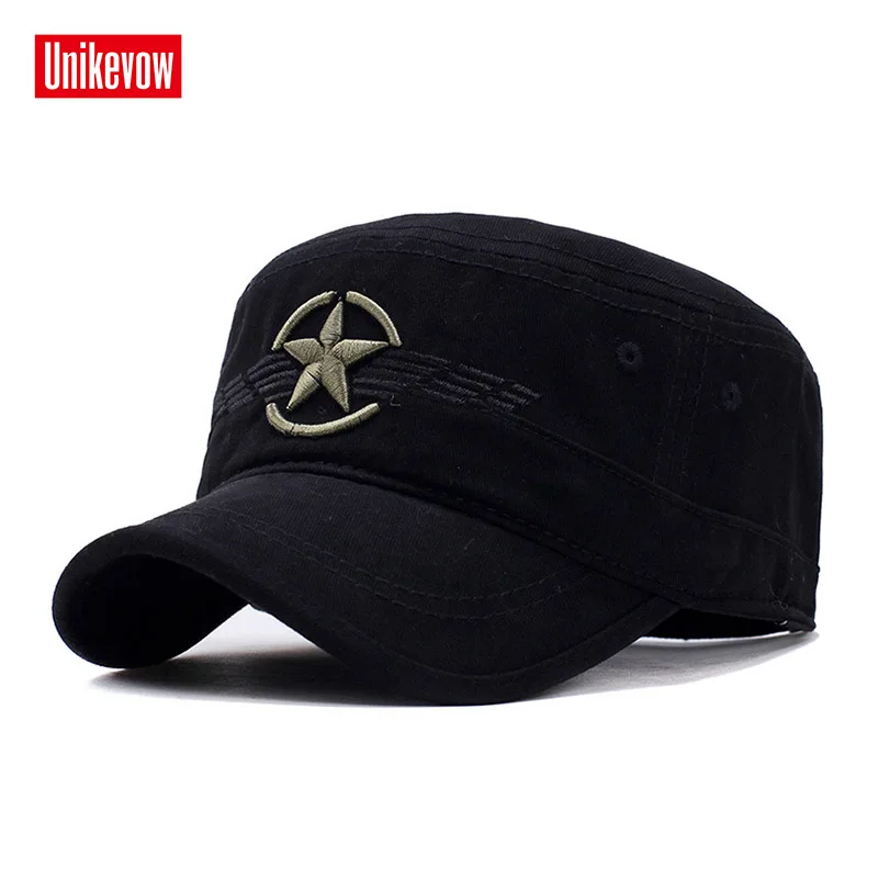 UNIKEVOW военные Кепки star Вышивка Армии промывают Flat top Hat для мужчин открытый