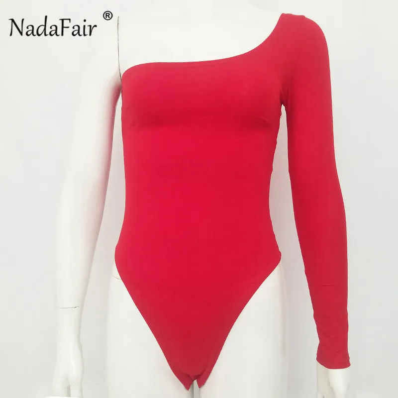 Nadafair, на одно плечо, сексуальные женские комбинезоны, с длинным рукавом, Одноцветный, бодикон, боди, женские комбинезоны, весна, повседневные топы, белый, черный - Цвет: Красный