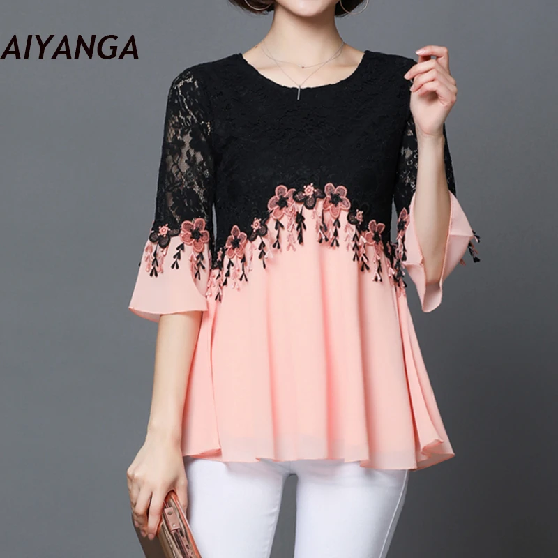 Женская шифоновая блузка с рукавами колоколами и вышивкой|flare sleeve|lace shirtlace chiffon top |