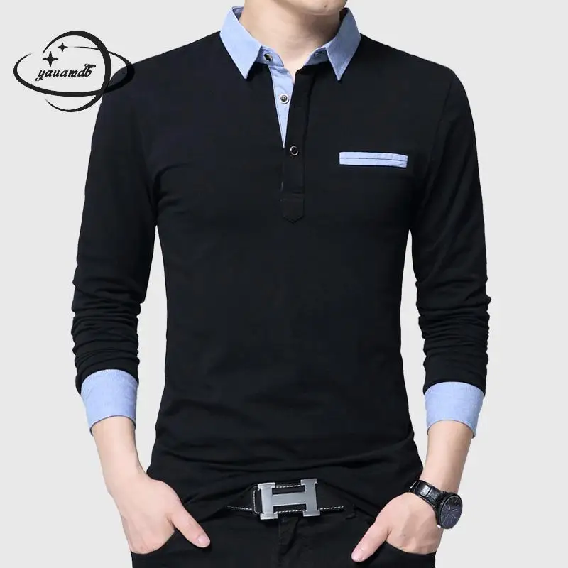 

YAUAMDB men polo shirt 2017 autumn spring size M-5XL cotton male solid long sleeve shirt casual slim fat turn-down collar tee 59