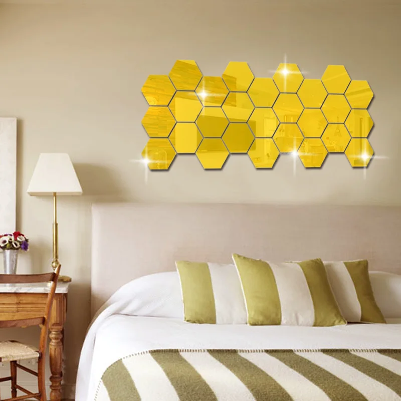 E WALL 100pcs Hexagon Shaped Decorative Mirrors Eco friendly 3D DIY