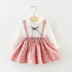 Коллекция 2018 года, комплекты одежды для маленьких девочек, осенняя хлопковая футболка с длинными рукавами + платье с цветочным принтом на
