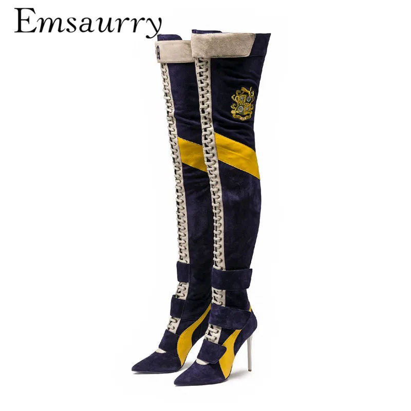 

Patchwork Over The Knee Boots 10cm Stiletto Heel Point Toe Cross-tied Hook-loop Fashion Catwalk Women Booties
