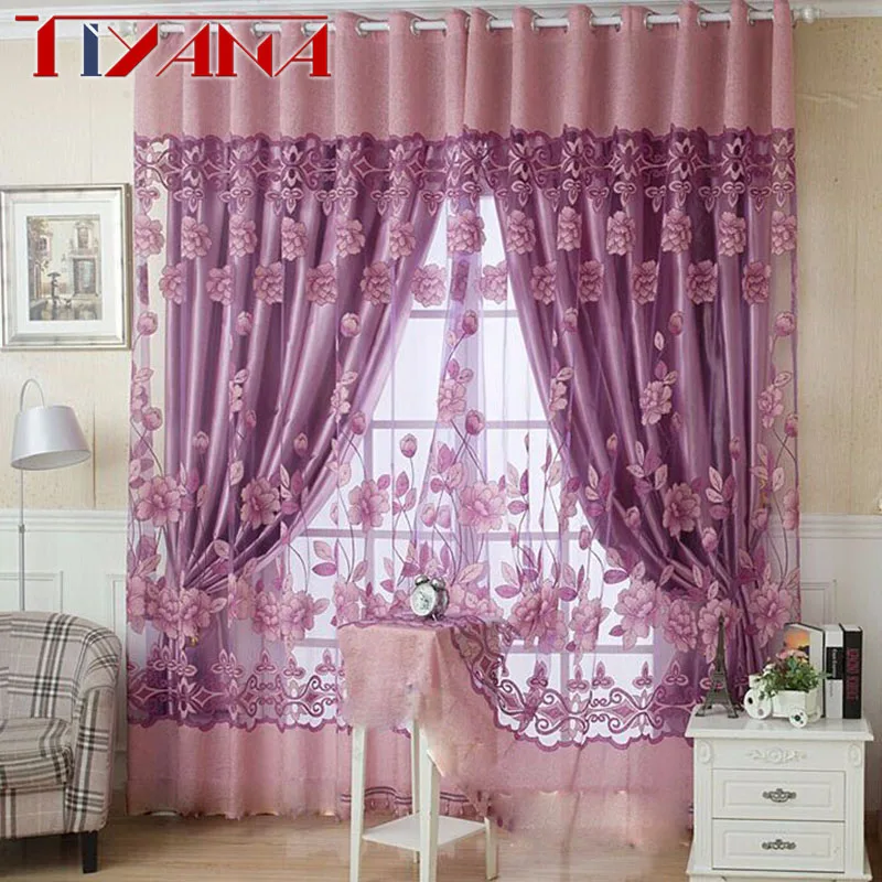 

Purple Curtain Voile Sheer For Bedroom Rustic Burnout Flower Finished Window Screening Tulle For Kitchen Living Room AG087&2