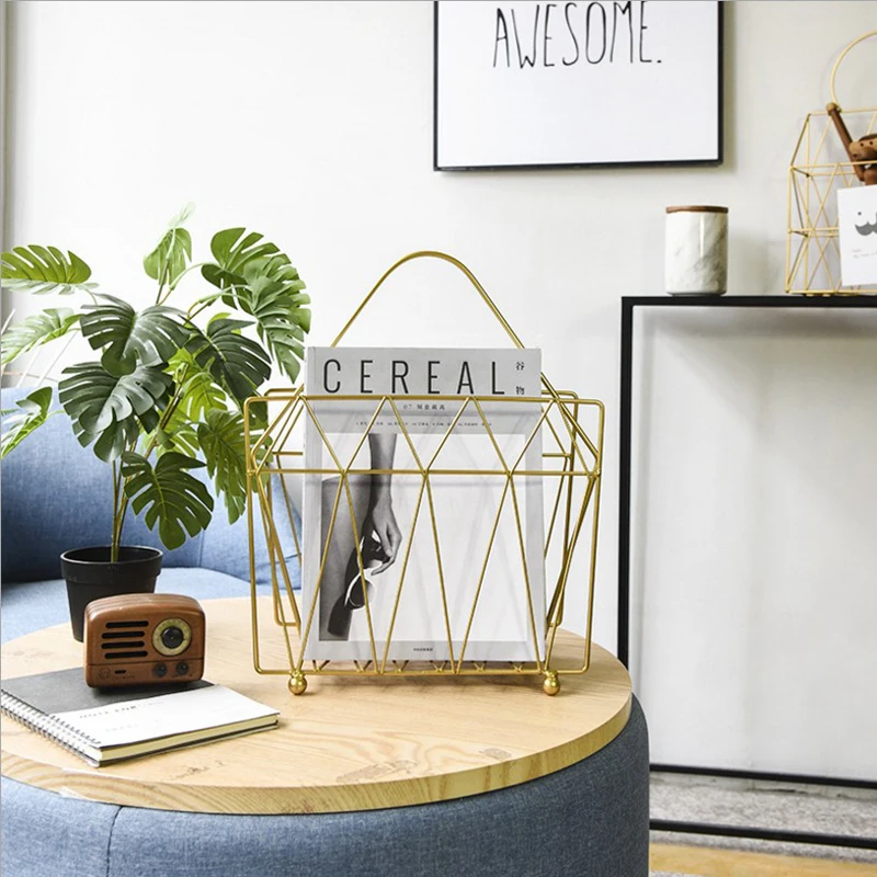 

Metal Gold Storage Basket Shelf With Handle Vogue Modern Nordic Iron Desk Magazine Newspaper Book Storage Basket Organizer