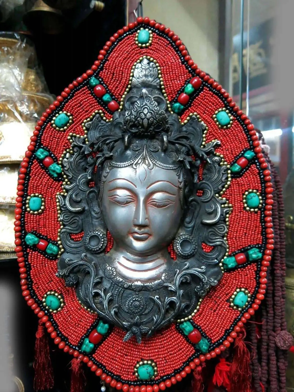 free shipping 16" Tibet White copper inlay Turquoise Buddhism Kwan yin buddha Head Statue A(0505