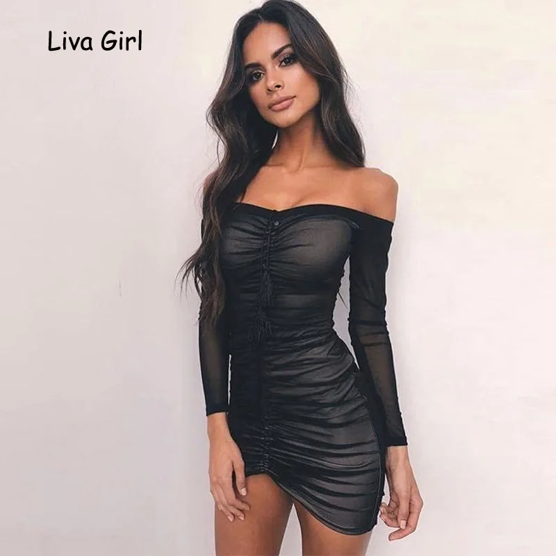 

Sexy Autumn Off Shoulder Mesh Dress Women Long Sleeve Slash Neck Sheath Mini Bodycon Dress Backless Women Dress Casual