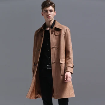 

Luxury Brand Mens Coat Autumn And Winter Horn Button Solid Color Chamois Long Jacket Man Plus Size 6xl Casual Trench Coat Men