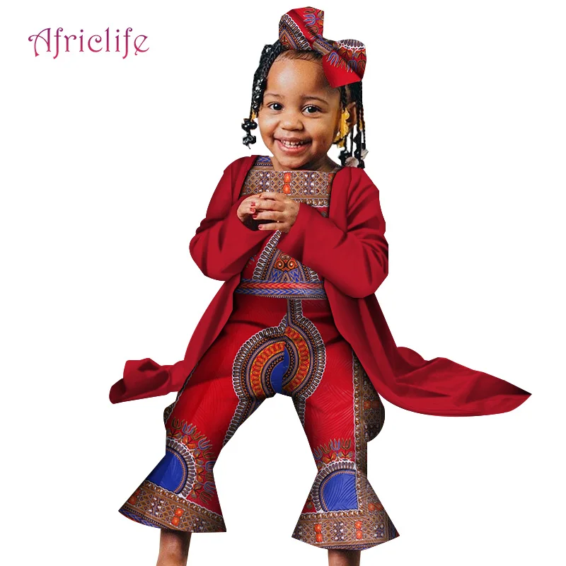 Милые костюмы с платьем для девочек в африканском стиле хлопковая одежда с длинными рукавами для Дашики длинное пальто с принтом в африканском стиле+ комбинезон+ бантик для головы для девочек WYT300