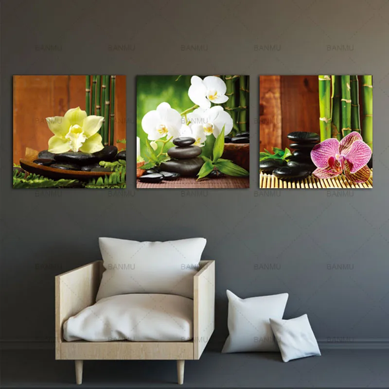 3 Панели, современные принты жикле, произведение искусства, дзен базальт, камни, цветы, бамбуковые картины, картины на холсте, настенное искусство для домашнего декора стен
