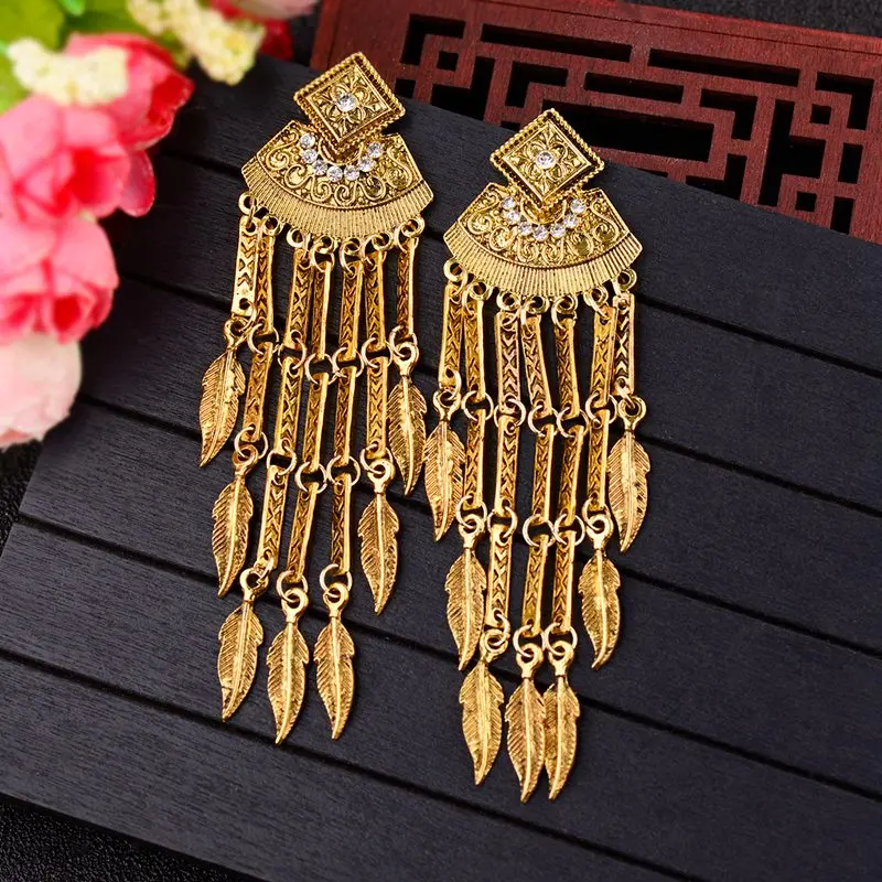 

OIQUEI Bohemian Indian Gypsy Jewelry Sliver Dangle Earrings For Women Vintage Ethnic Long Leaf Penda Tassel Drop Earring Ladies