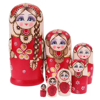 

7pcs Red Braid Russian Dolls Set Wooden Handmade Matryoshka Crafts Gifts