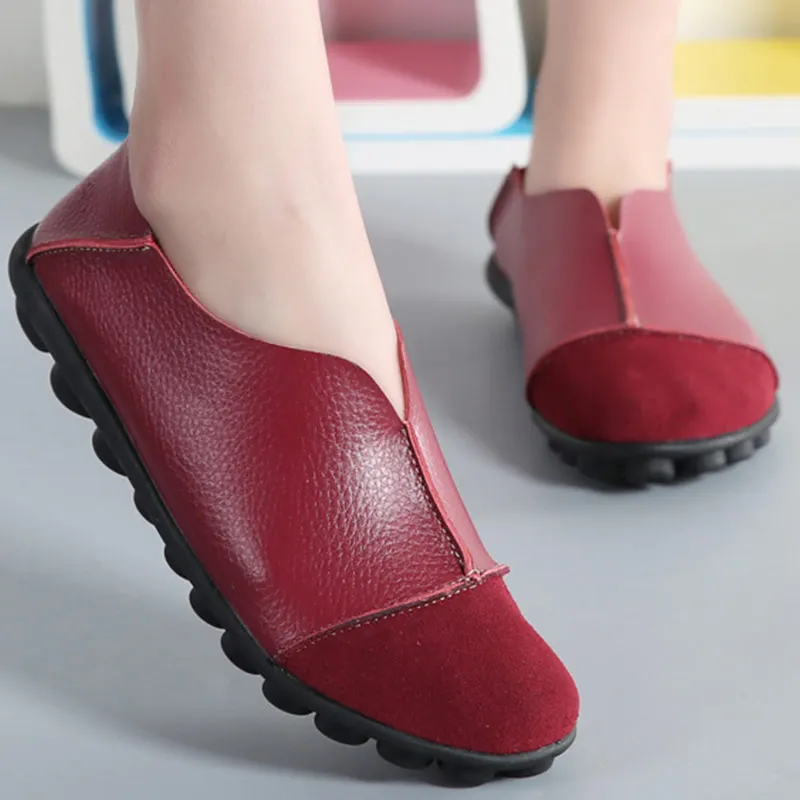 Женская обувь из натуральной кожи на плоской подошве для отдыха; сезон весна; коллекция года; повседневная обувь; лоферы; sapato feminino; большие размеры 35-43 - Цвет: Wine red