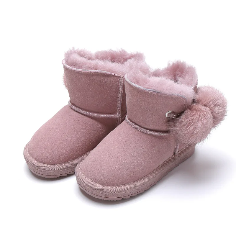 

Real Furry Ball Kids Boots 2018 New Warm Winter Shoes for Girls Ankle Solid Children's Rubber Snow Boot 1 4 6 8 12 years