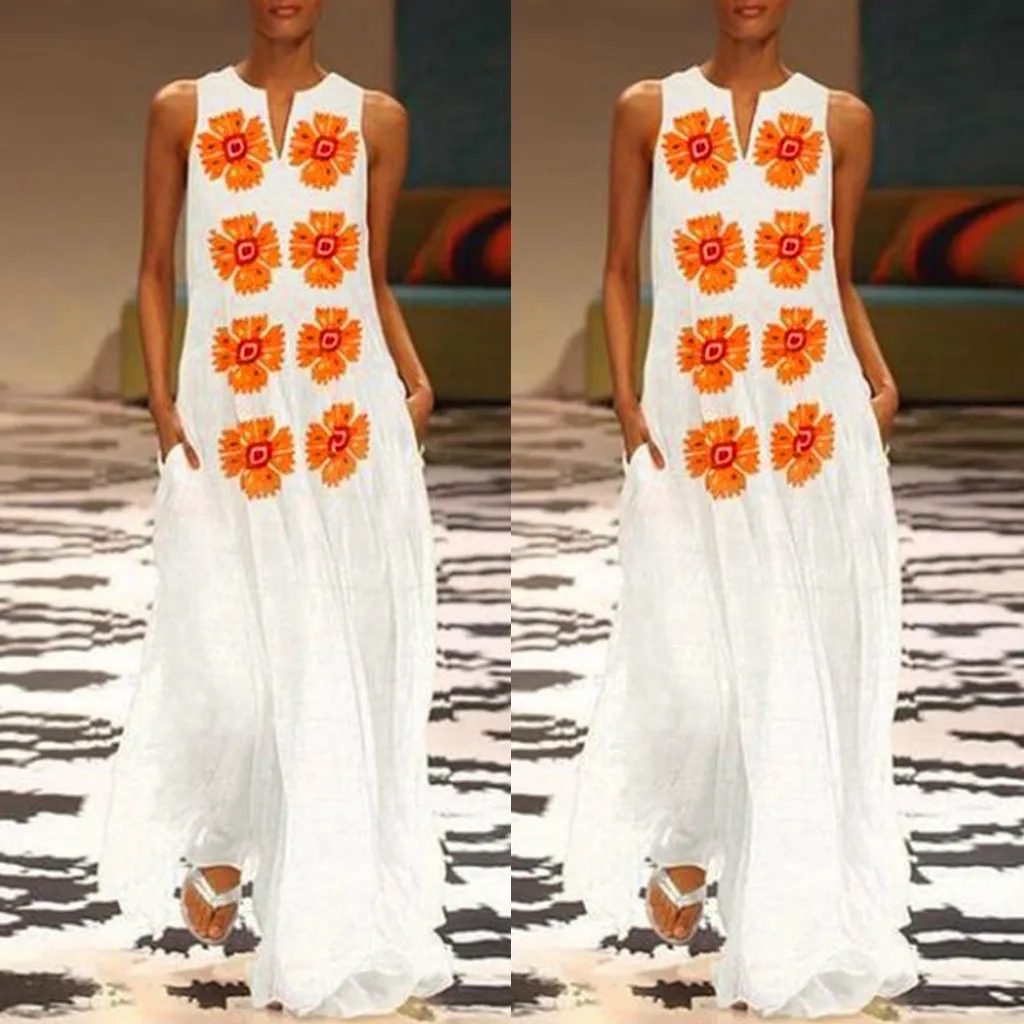 Feitong robe soiree femmerobe ceremonie femme женское Повседневное платье без рукавов с v-образным вырезом и цветочным принтом длинное платье на бретелях винтажная одежда