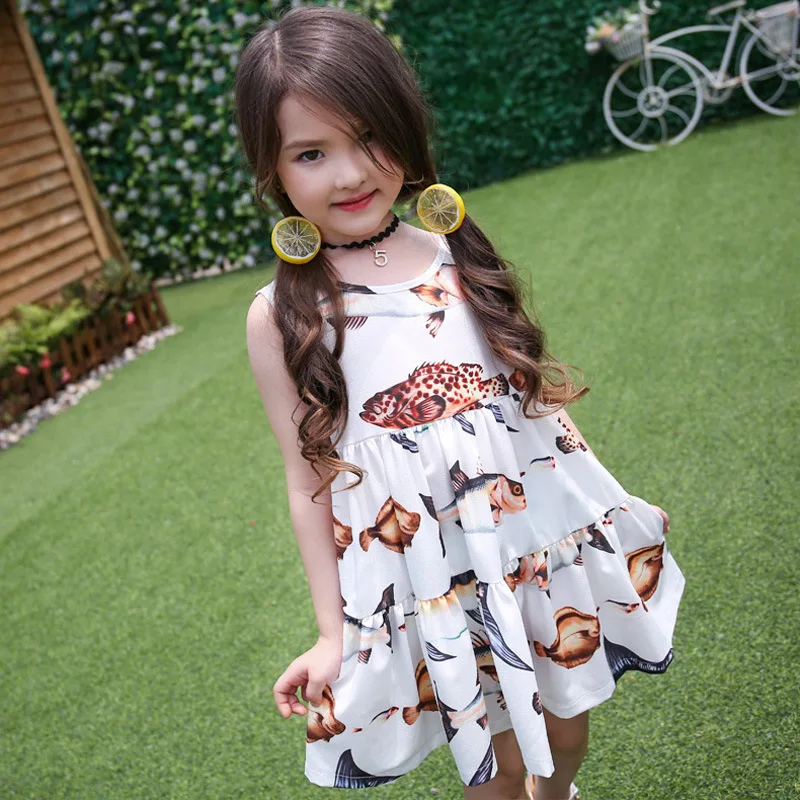 

2019 summer new girls dress fun tropical Sicily fish print cute girl costume print princess dress kids dresses for girls