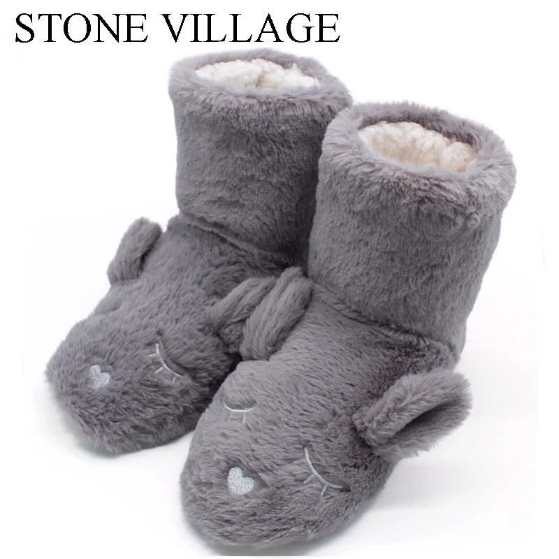 Женские нескользящие домашние туфли STONE Town черные плюшевые ботинки с принтом