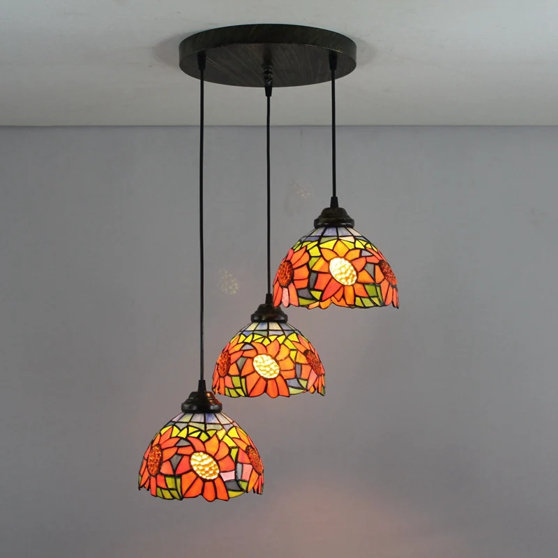 Green sunflowers 3 heads Stained glass Western style Restaurant Pendant