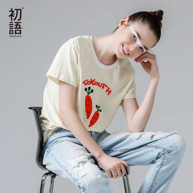 

Toyouth Print T-Shirt 2019 Short Sleeve Round Neck Cotton Tees Female T Shirt Summer Pattern Striped T Shirt Tops