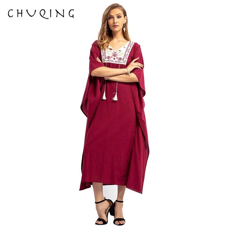 

CHUQING Women's Spring and Autumn Models 2019 Large Size Dress Middle East Embroidery Clothing