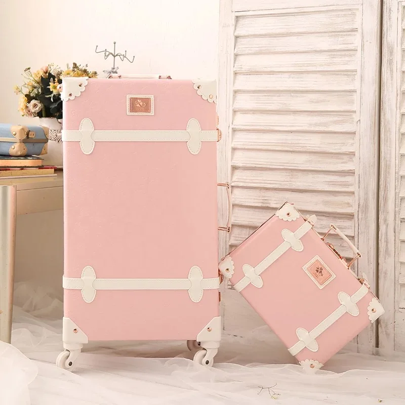 Ретро Модный набор чемодан на колесиках с сумкой для макияжа женский розовый Спиннер переноска для путешествий ручной работы на колесиках чемодан коробка косметичка - Цвет: Princess pink(Set)