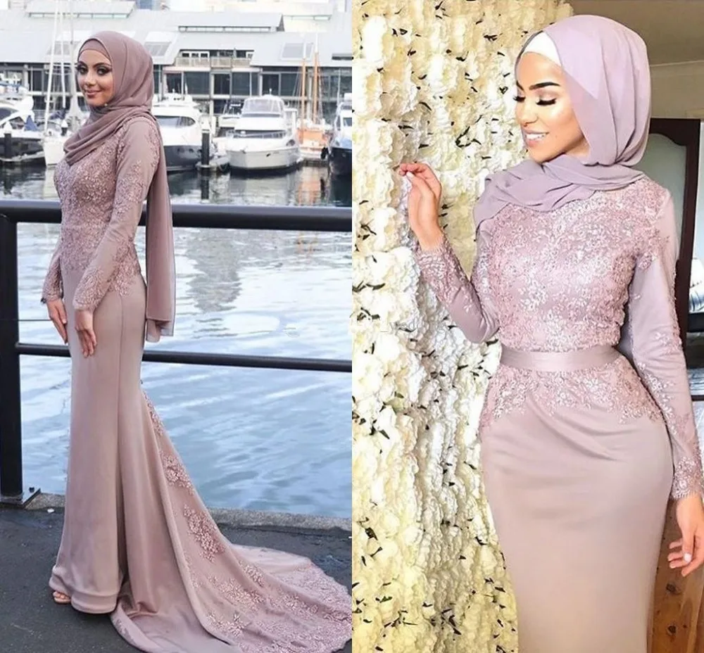 

Formal Muslim Evening Dresses 2019 Mermaid Long Sleeves Appliques Scarf Islamic Dubai Saudi Arabic Long Elegant Evening Gown