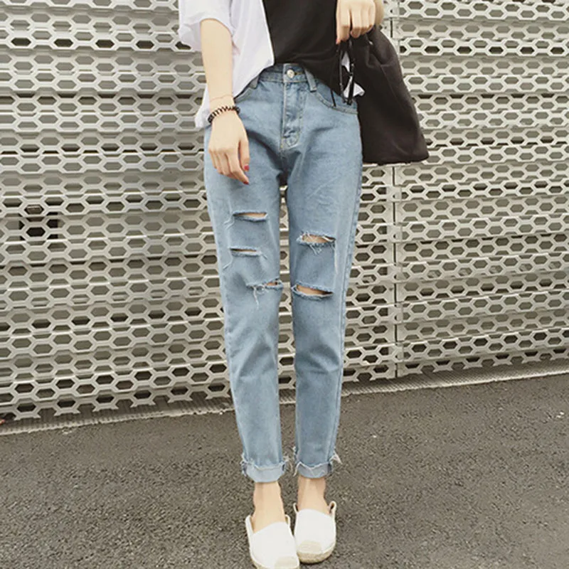 

Ankle-Length Jeans Spring Washed Denim Straight Women Jeans High Waist Jeans Trousers Pants Korean-Style College Wind Distressed