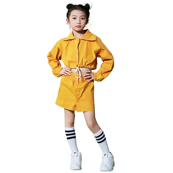 

Kids Jazz Dance Costume Yellow Rave Clothes Girls Loose Hip Hop Clothing Street Dance Performance Outfit For Children DC1076