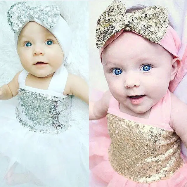 

New Christening Flower Baby Girls Bridesmaid Pageant Party Dress Tutu Dresses Bow Headband 0-18 Months Baby Girls Sequin Dress