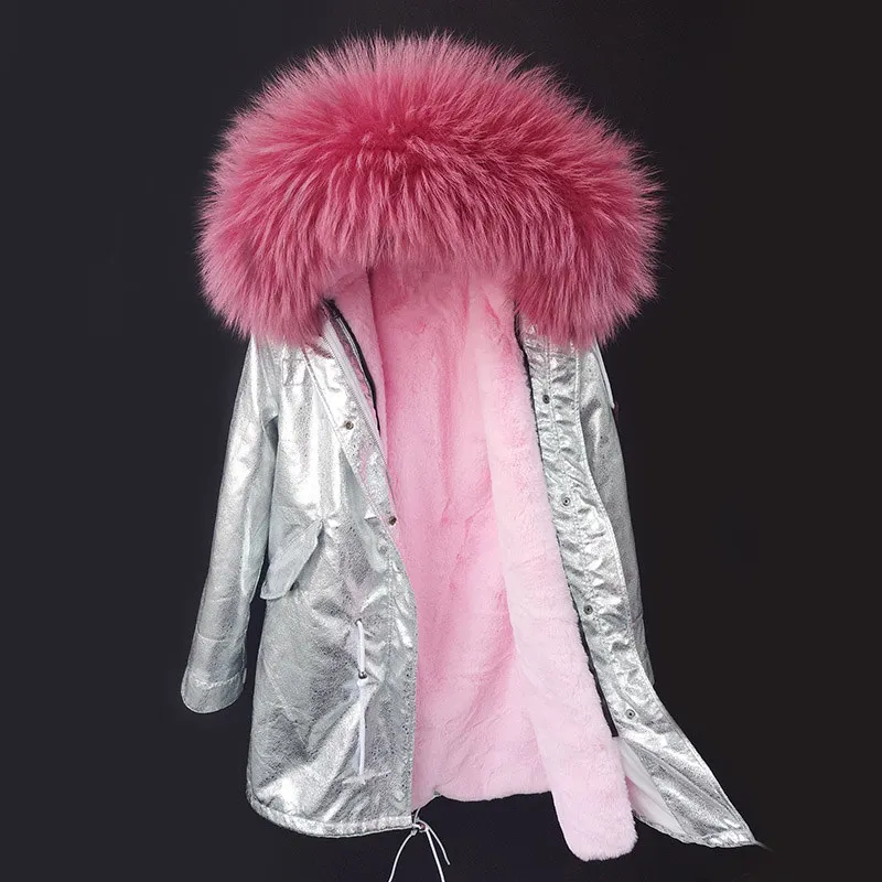 

Brand 2019 Real Fur Coat New Parka Silver Pu Coat Winter Jacket Women Natural Raccoon Fur Collar Warm Thick Parkas Detachable