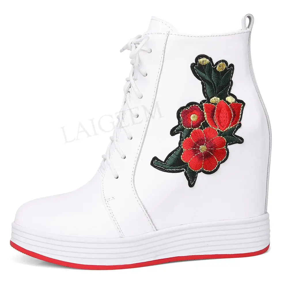 

LAIGZEM LEATHER Women Height Increasing Ankle Booties Wedge Side Zip Lace Up Boots FASHION Shoes Botines Mujer Size Size 32-40