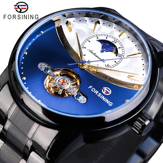 Forsining Blue Moon Phase автоматические мужские часы, деловые часы, повседневные, стальной ремешок, водонепроницаемые, спортивные, механические, Relogio Masculino - Цвет: S1150-8