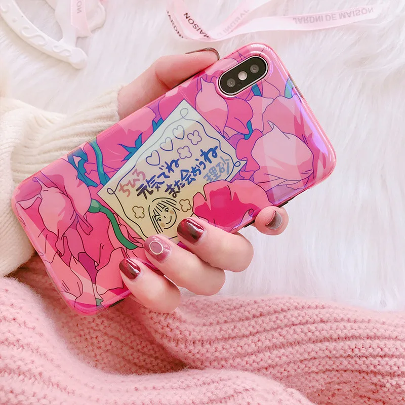 

Kawaii Japanese Pink Flowers Phone Case For iPhone X XS Max XR 6 6 Puls 6S Puls 7 8 Puls Laser Blu-ray Soft Silicone Back Cover